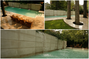 a three-picture collage of Groupe Paramount's work done on a Nun's Island backyard, which includes a high stone wall with integrated water fountains, and a large terrace surrounding the yard's existing mature trees.