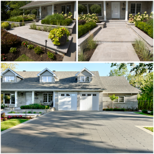 A front yard makeover created by Groupe Paramount, featuring Techo Bloc stone and St. Marc natural stone